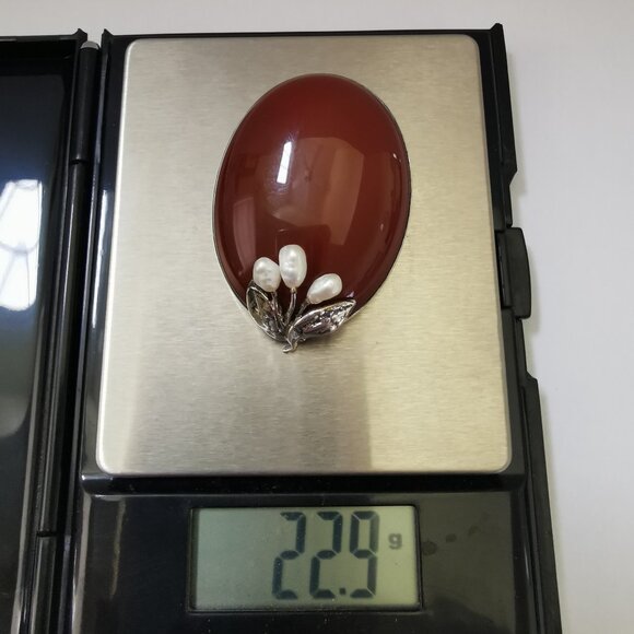 Antique Sterling Silver Signed Carnelian with Pearls Brooch - Picture 13 of 14